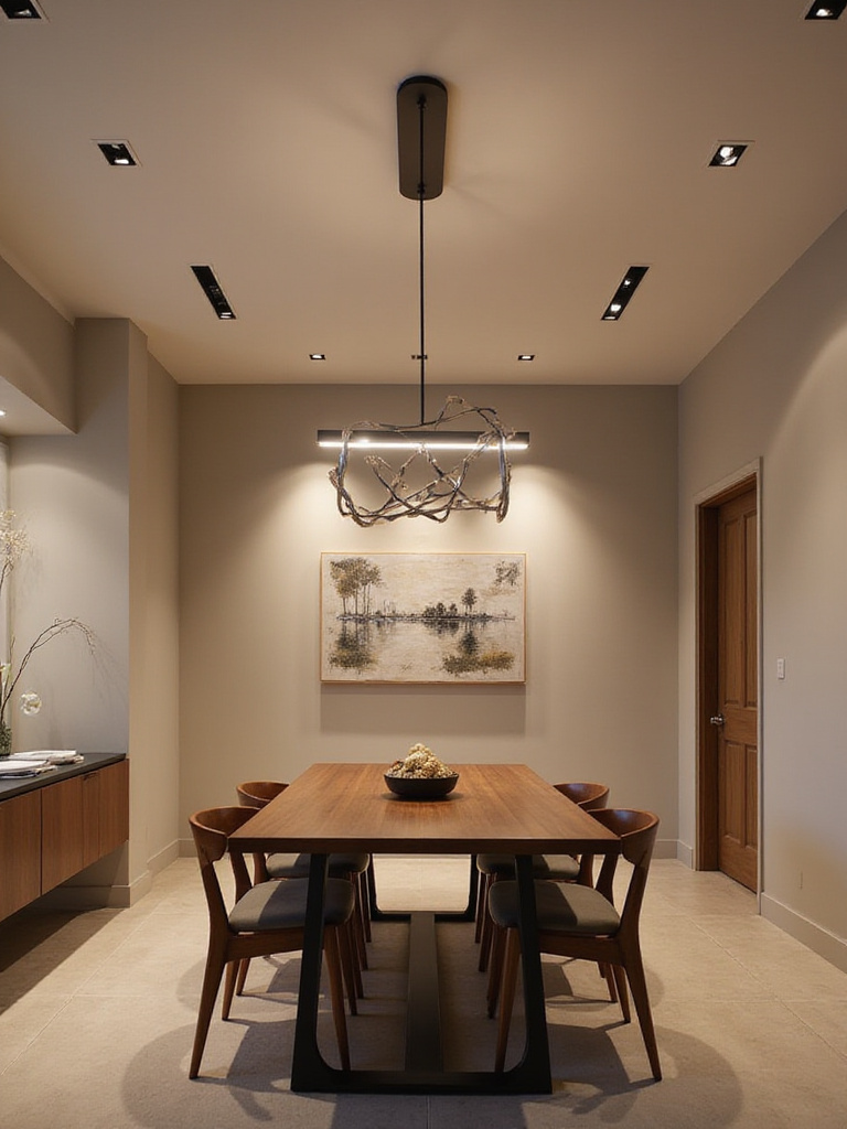 A beautifully designed modern dining room showcasing multi-layered lighting, including a sleek linear pendant for task, recessed lights and a chandelier for ambient, and wall washers for accent illumination.
