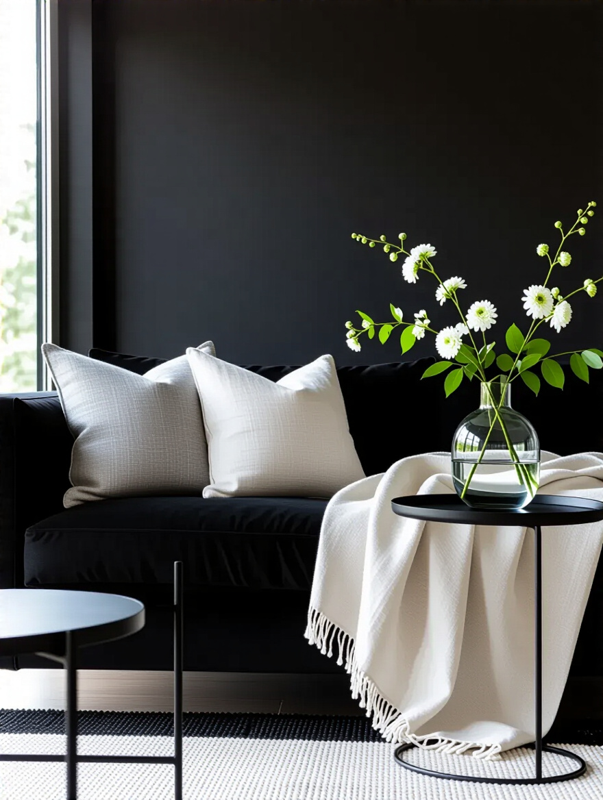A modern black living room seasonally refreshed with light linen throws, cream cushions, and fresh green plants for a vibrant, evergreen appeal.