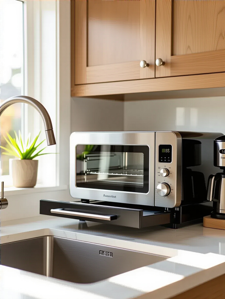 An open kitchen appliance garage revealing a toaster and coffee maker, showing smart storage for often-used small appliances to keep countertops clear.
