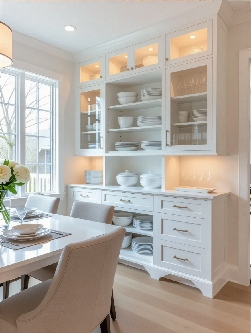 Portrait of a white dining room with integrated storage for tableware and linens