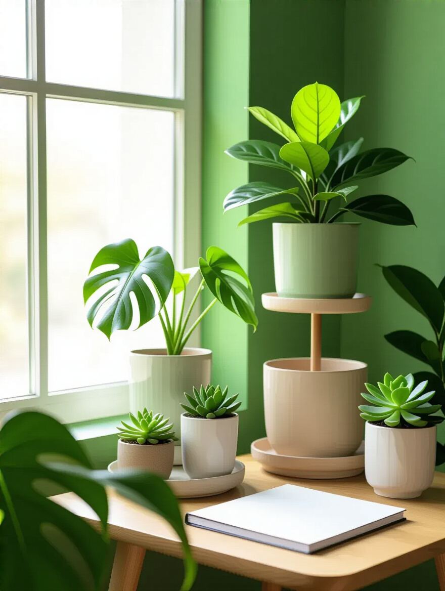 Lush, healthy indoor plants in a green dining room, arranged on a tiered stand next to a minimalist notebook, symbolizing a well-implemented plant care schedule for thriving greenery.