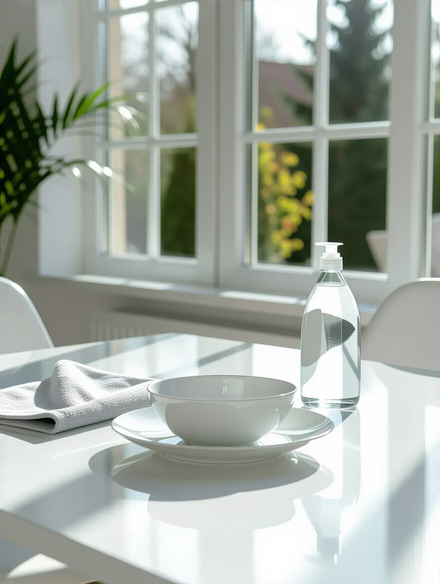 A meticulously clean white dining room table with a small bottle of cleaning solution and a microfiber cloth, representing a proactive cleaning schedule for white surfaces.