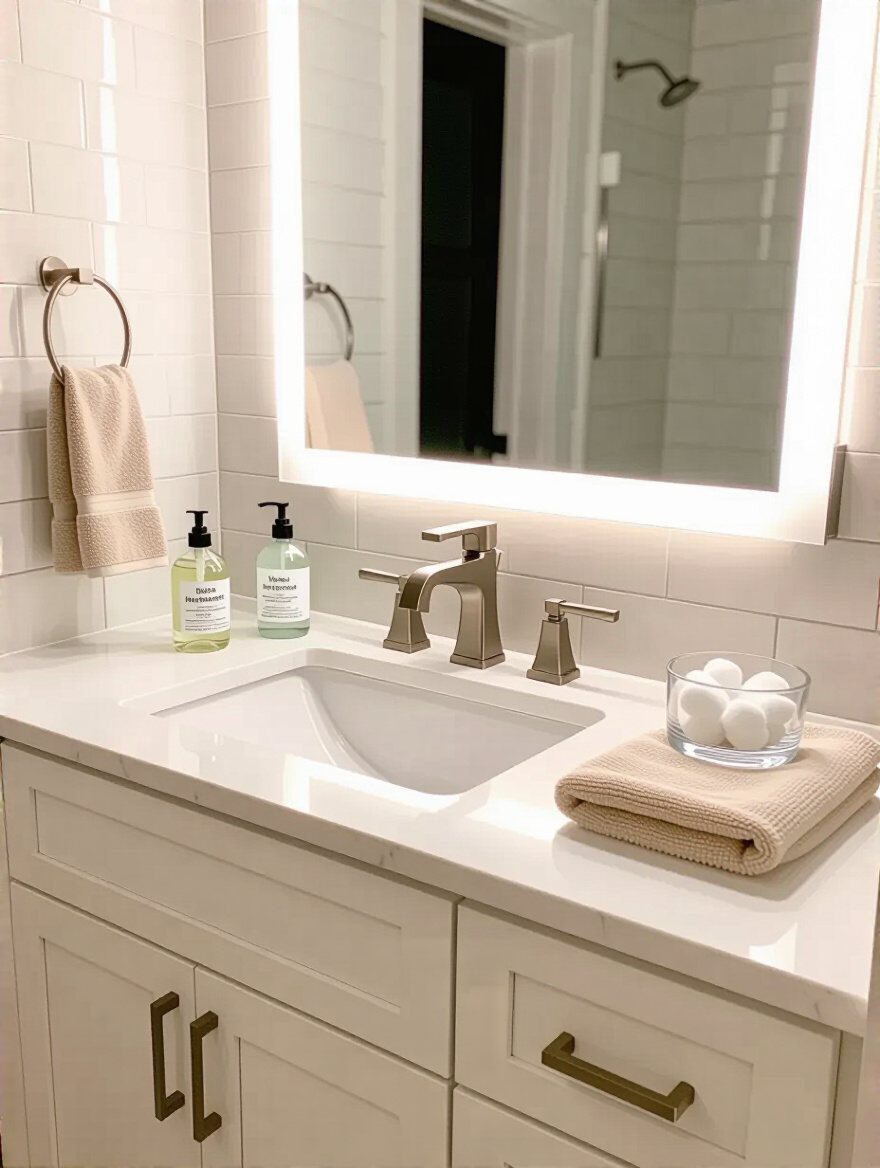 Portrait view of a pristine powder room vanity with organized cleaning setup