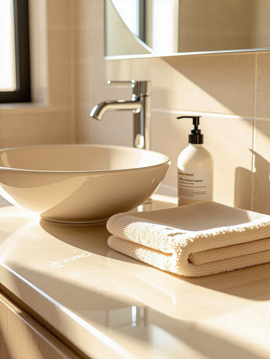 Sparkling clean beige bathroom vanity with a folded microfiber cloth and pH-neutral cleaner, illustrating a regular cleaning routine for pristine surfaces.
