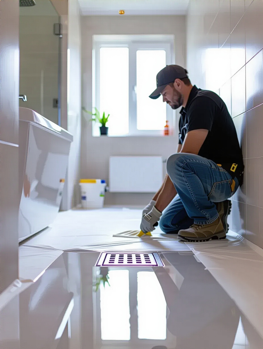 Portrait view of bathroom floor waterproofing system installation at wall-to-floor junctions, no people.
