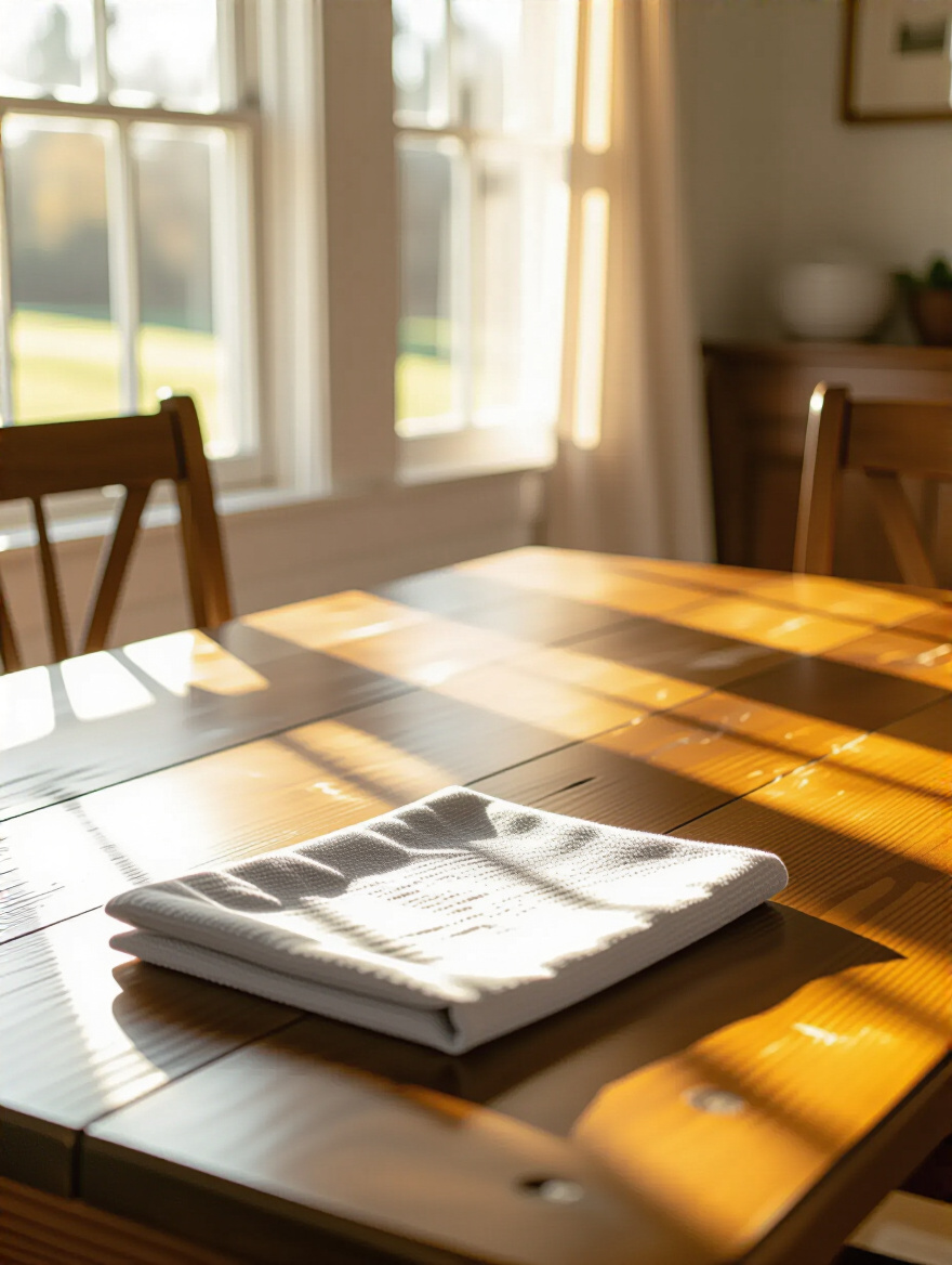 A rustic farmhouse dining table gleaming from a daily cleaning routine, with a neatly folded microfiber cloth on its surface.