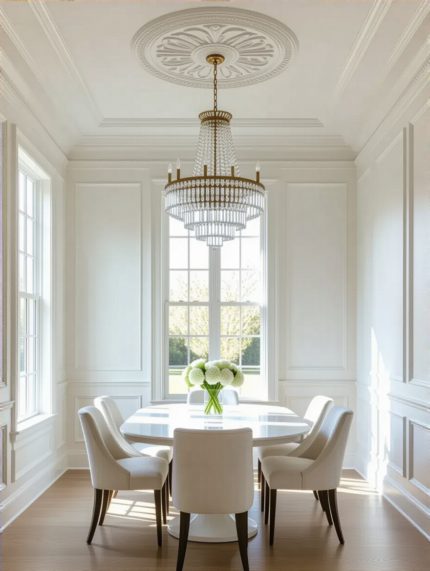 Elegant white dining room featuring intricate crown molding, classic wainscoting, and a decorative ceiling medallion around a chandelier, showcasing sophisticated architectural details.