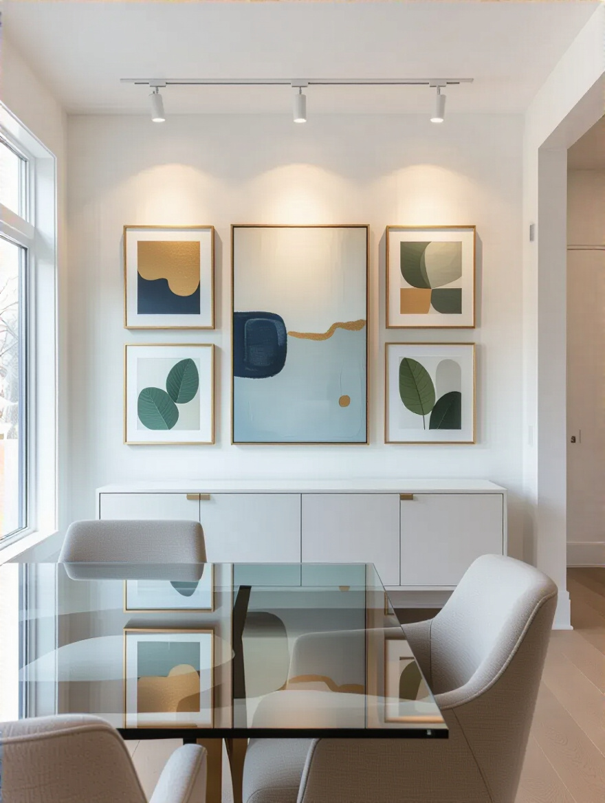 White dining room with gallery wall of artwork above a slim sideboard