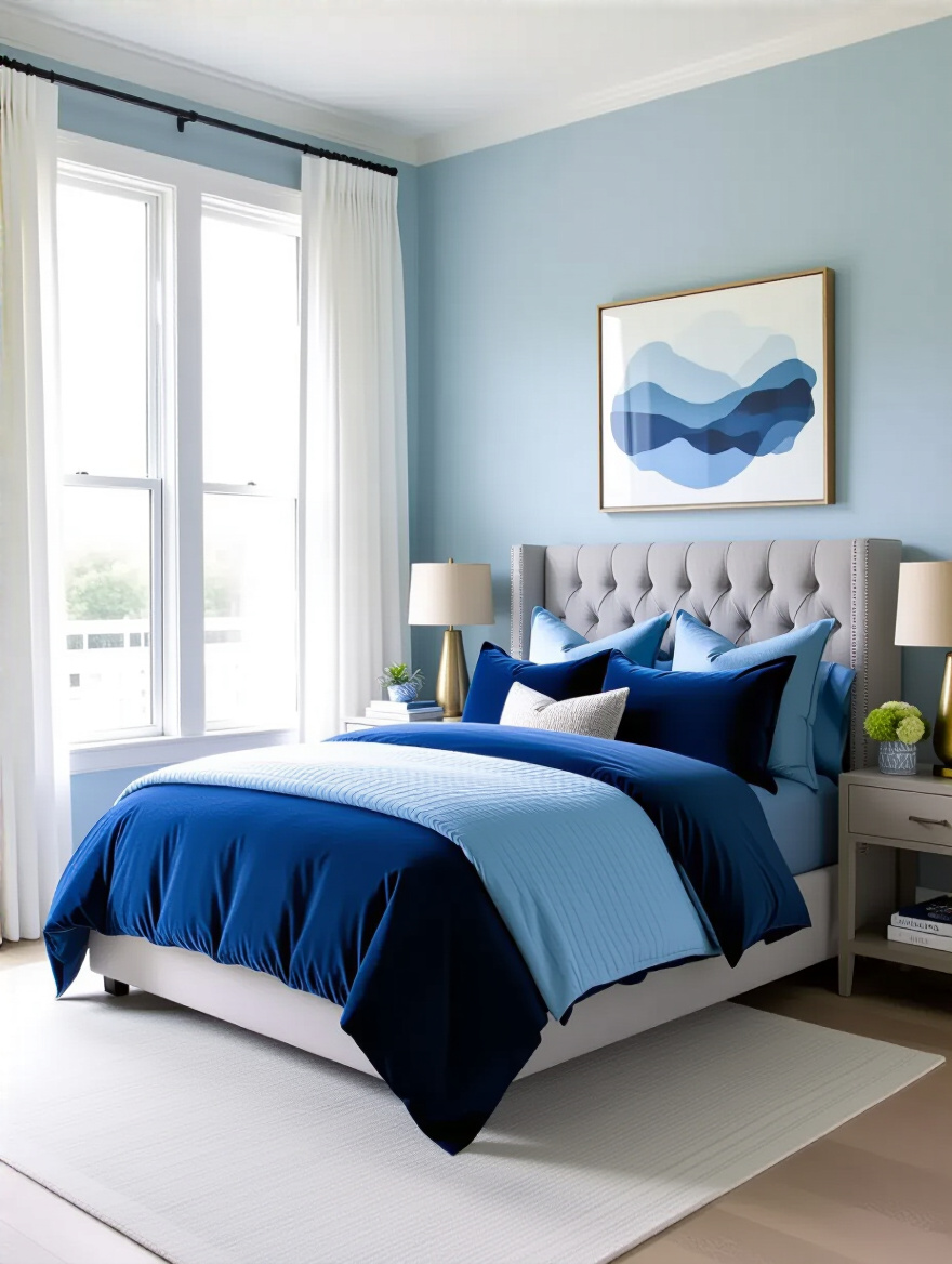 Layered blue bedding on a tranquil blue bedroom