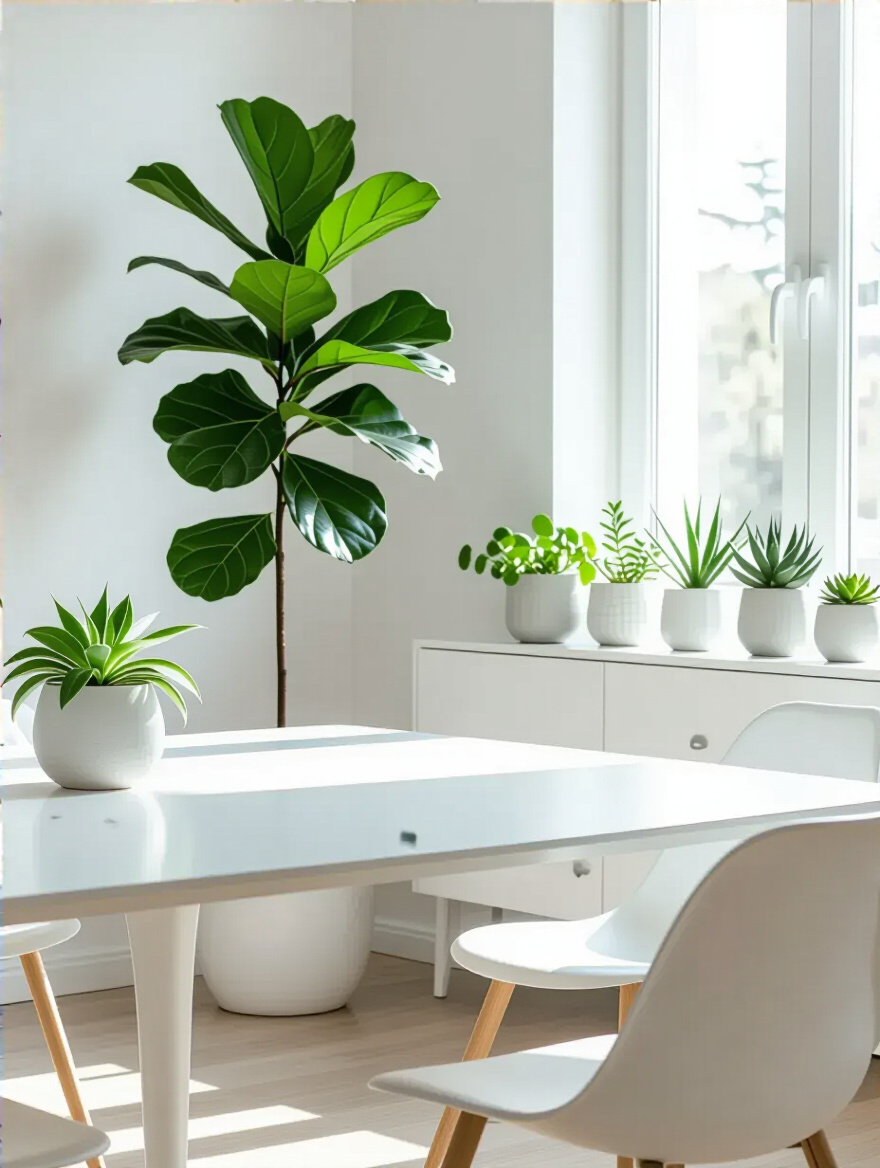 White dining room with a large Fiddle Leaf Fig plant in a white pot and smaller succulents on a credenza, adding freshness and organic texture.