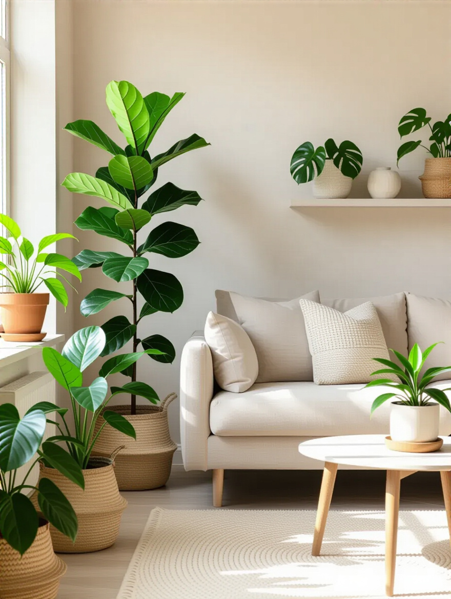 A beige living room decorated with various indoor plants, including a tall Fiddle Leaf Fig and a Monstera, in natural material pots.