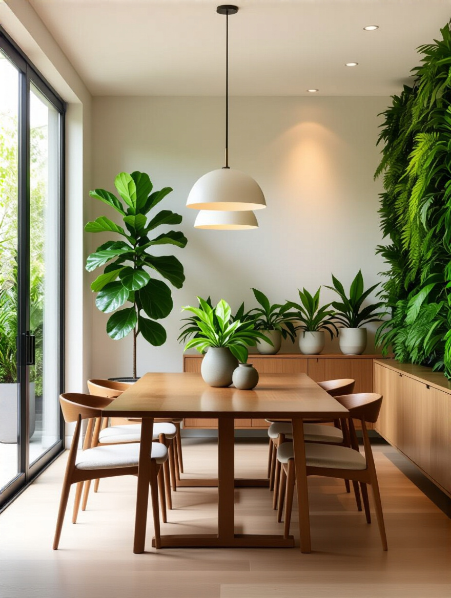 Portrait view of a modern dining room with lush greenery