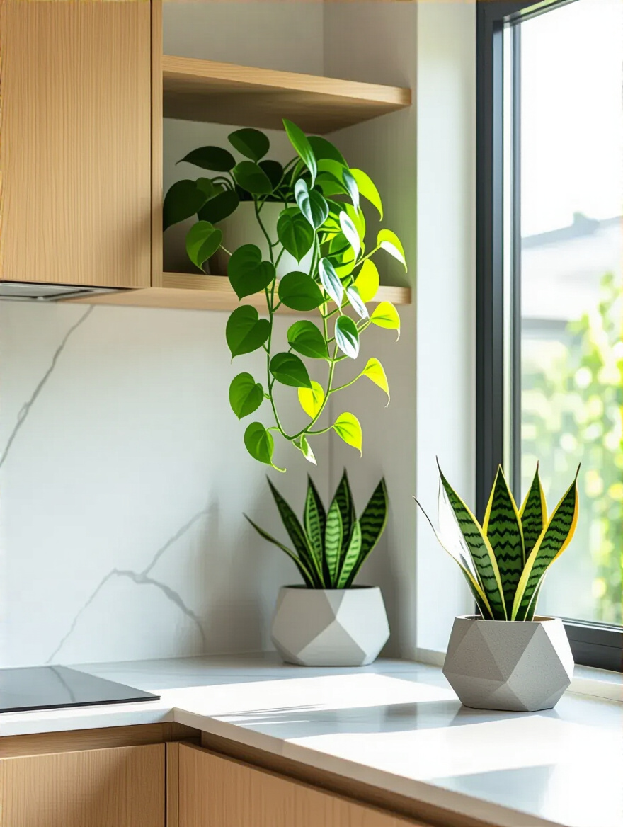 Modern kitchen with light wood cabinetry, white countertops, and various green indoor plants, including a Pothos on a shelf and a Snake Plant on the counter, exemplifying biophilic design.