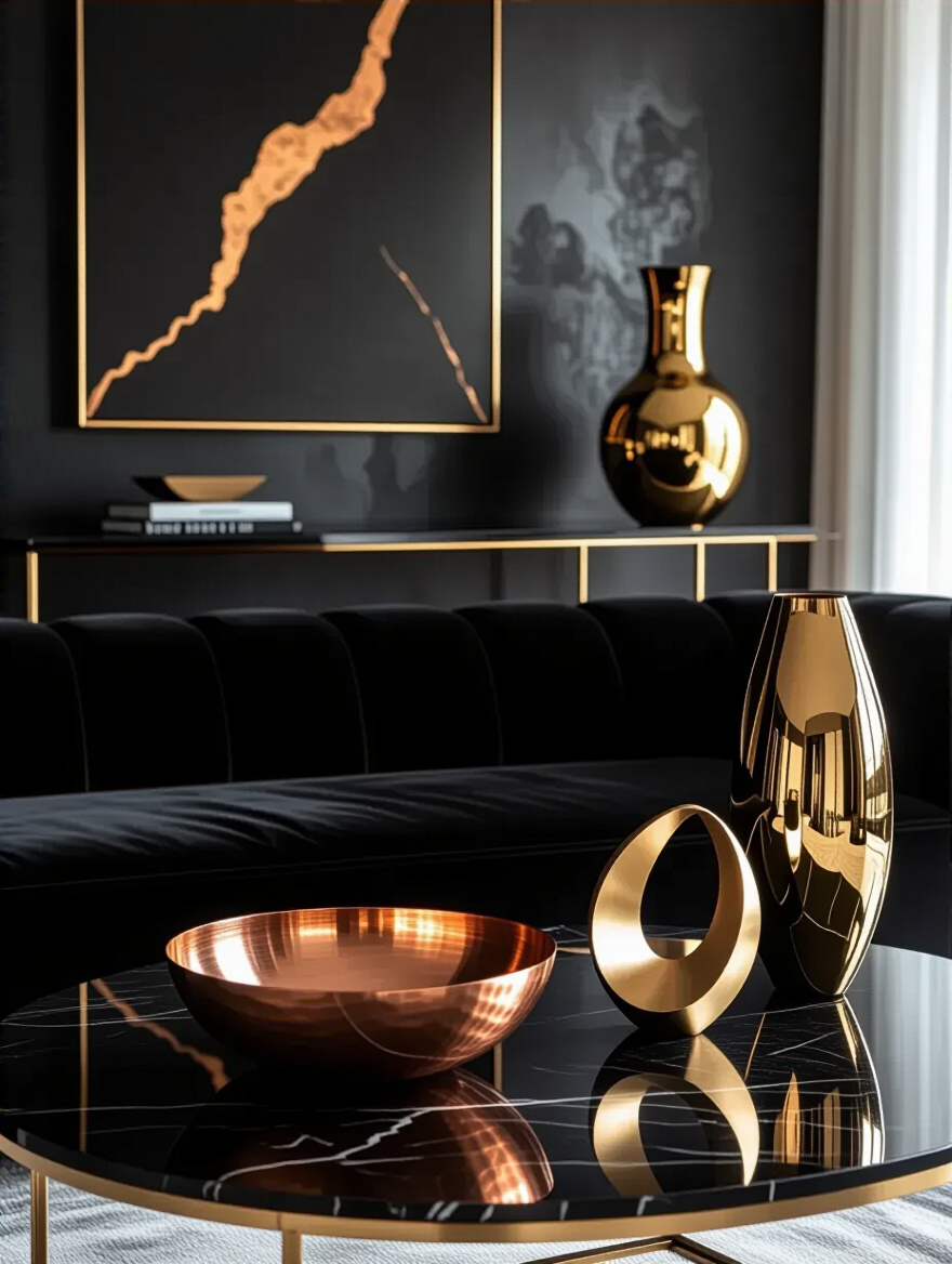 A sophisticated black living room adorned with gold and copper metallic accents including a gold-legged console table, a copper bowl, and a gold sculpture, showcasing glamour and luxury.