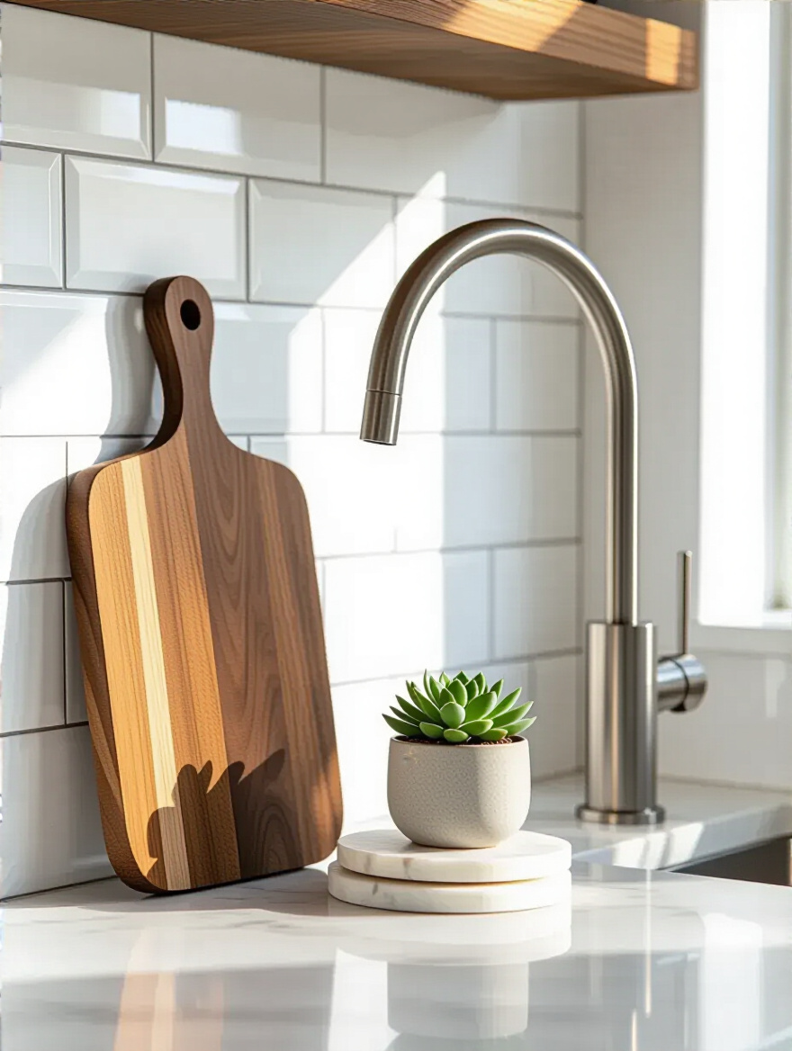 A modern kitchen countertop featuring a dark teakwood cutting board leaning against a white subway tile backsplash, next to stacked white marble coasters and a small succulent on a grey quartz countertop. Highlights natural wood and stone elements for kitchen decor.