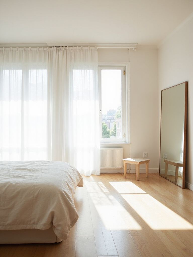 Modern bedroom with sheer white curtains, large mirror reflecting sunlight, and light-colored minimalist decor, emphasizing natural light maximization techniques.