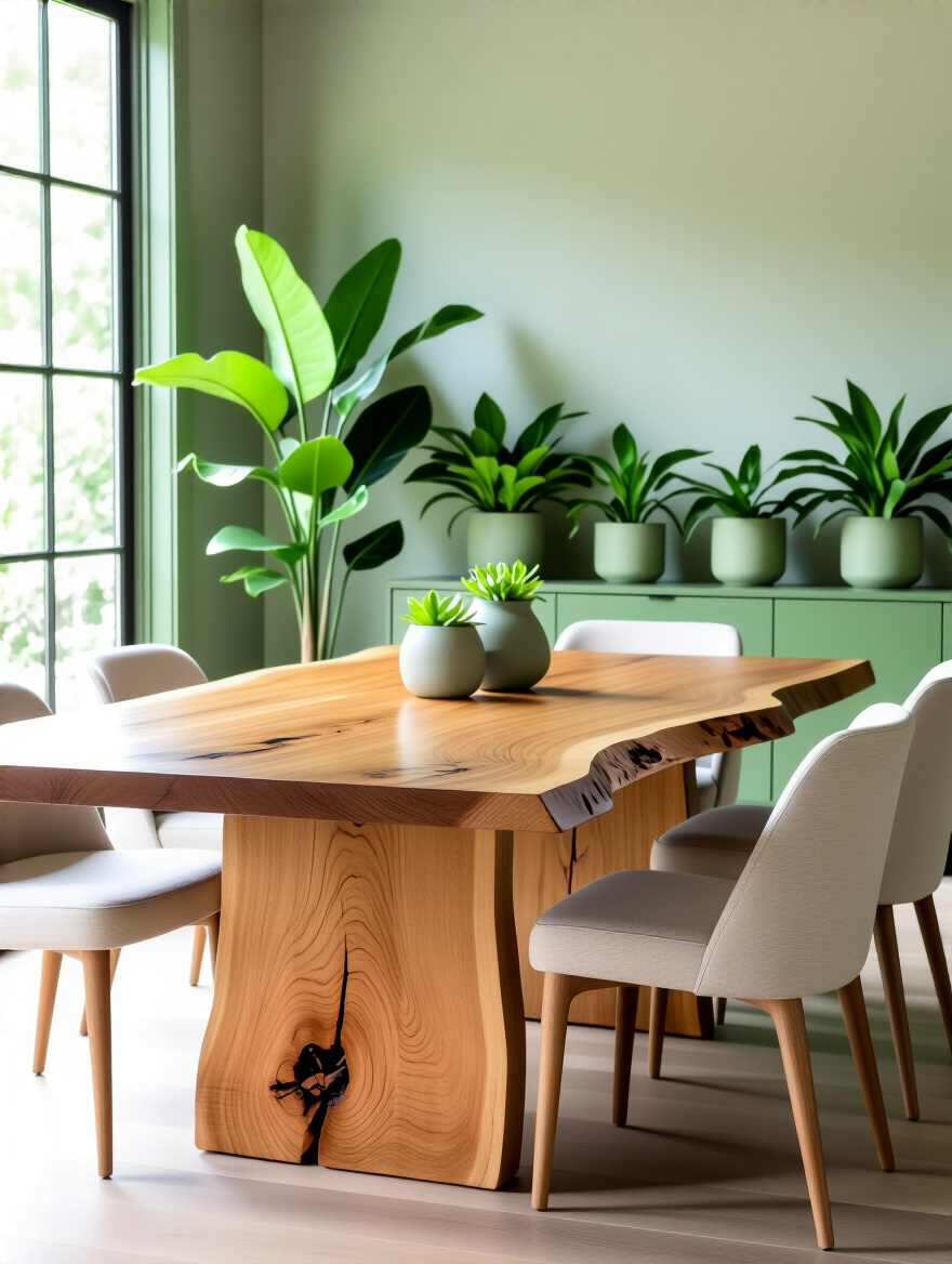 Reclaimed oak live-edge dining table and modern chairs in a green dining room with lush plants.