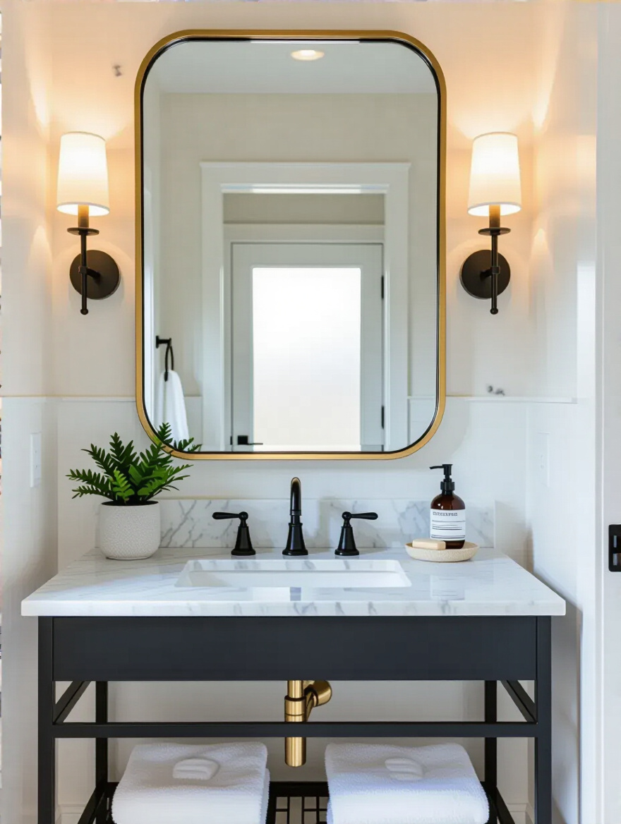 Powder room with a large statement mirror above a white marble vanity