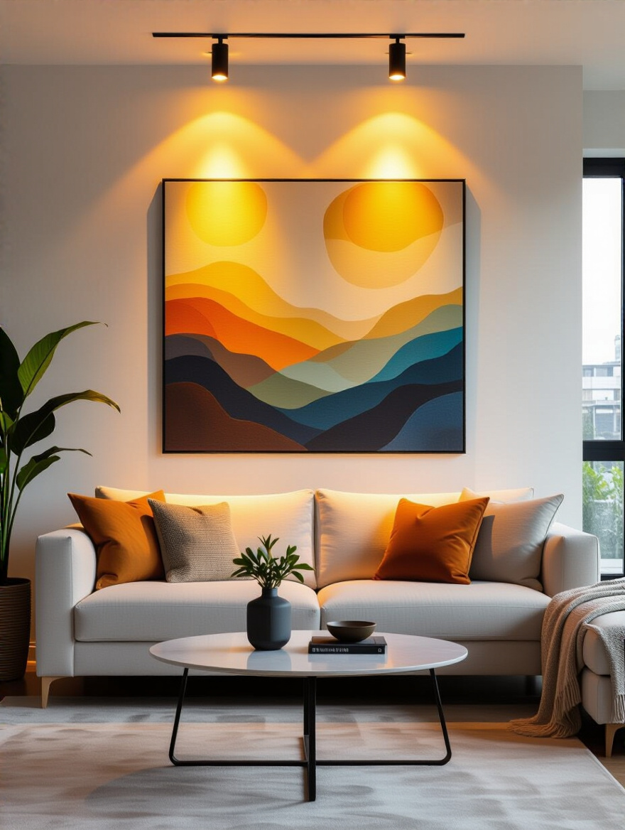 Portrait living room with smart lighting highlighting artwork on wall