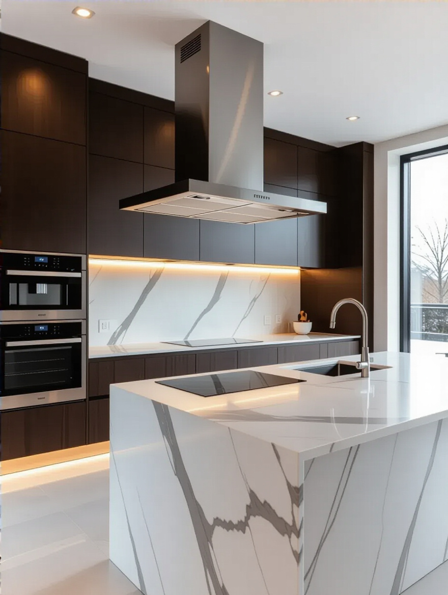 Modern luxury kitchen with integrated, state-of-the-art ventilation system above an induction cooktop, showcasing a sleek, minimalist design.