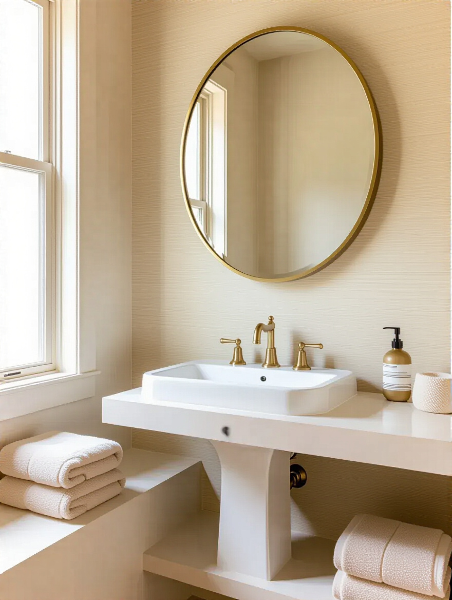 A beige bathroom with a textured beige grasscloth wallpaper accent wall behind a white pedestal sink, featuring a gold-framed mirror, natural light, and complementary beige painted walls.