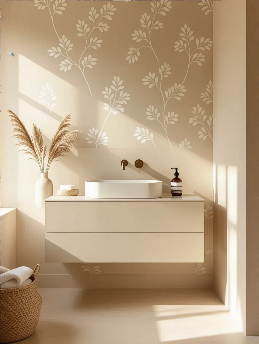 Elegant beige bathroom featuring a subtle botanical pattern wallpaper on an accent wall, adding depth and visual interest without overwhelming the serene beige palette.