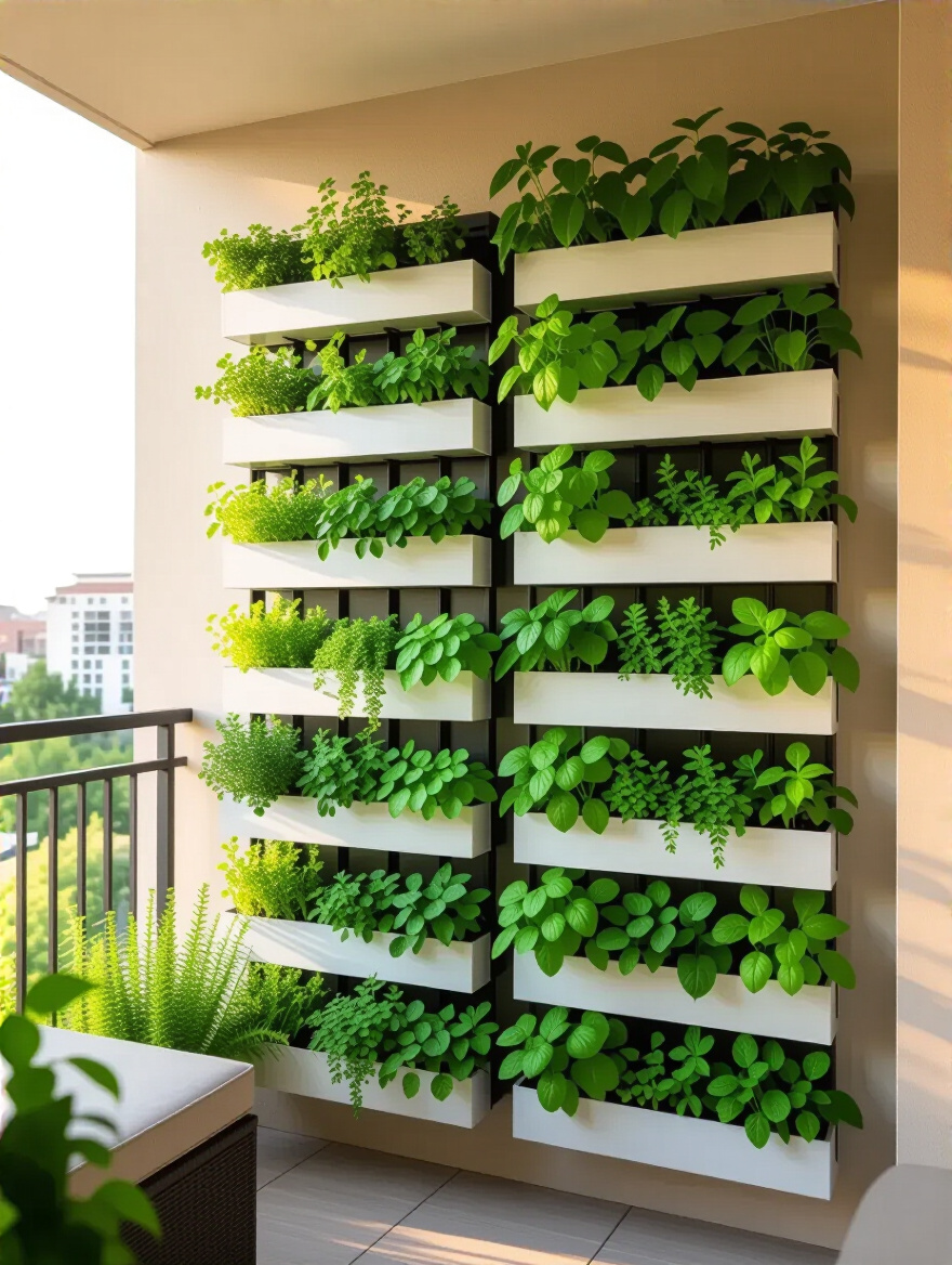 Vertical garden wall on a balcony maximizing greenery in a compact space