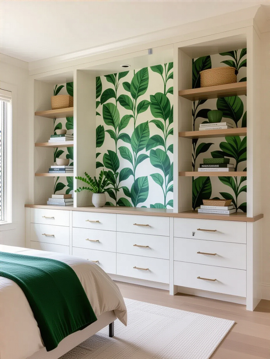 Vertical photo of wallpaper-in-built-ins in a modern bedroom