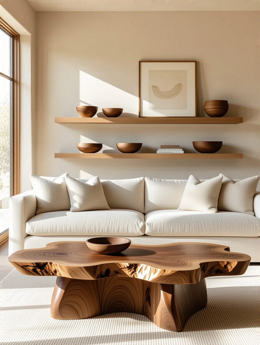 Beige living room featuring a live-edge walnut coffee table, light oak floating shelves, and minimalist wooden decor, creating natural warmth and organic textures. Sophisticated interior design.