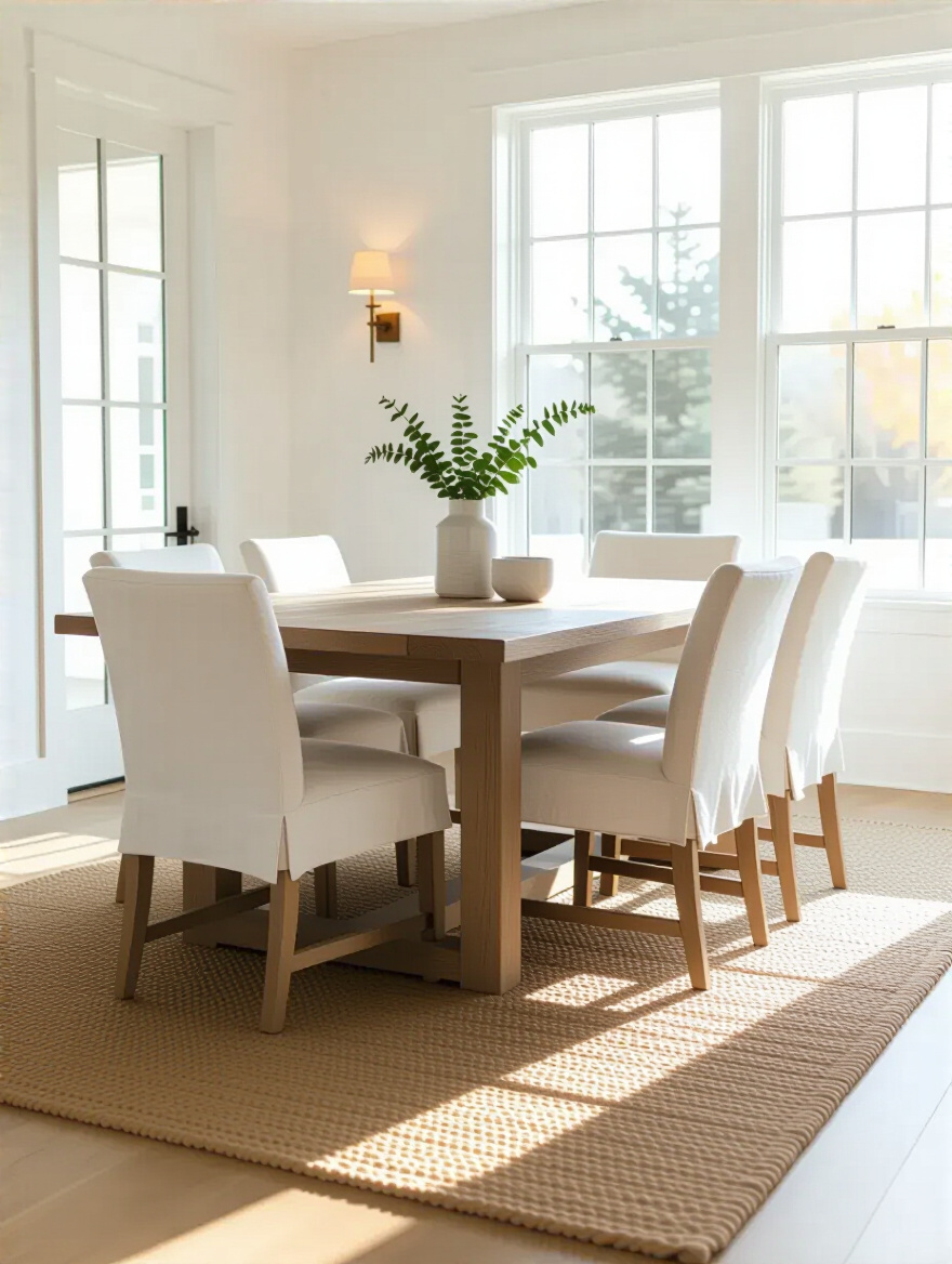 White dining room with a rug anchoring the dining area