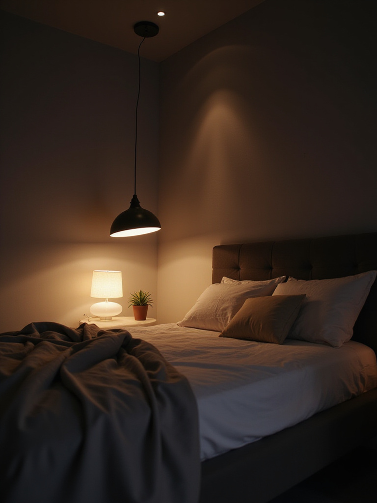 Modern bedroom with warm dimmable lighting, creating a cozy and inviting atmosphere for relaxation and mood-specific ambiance.