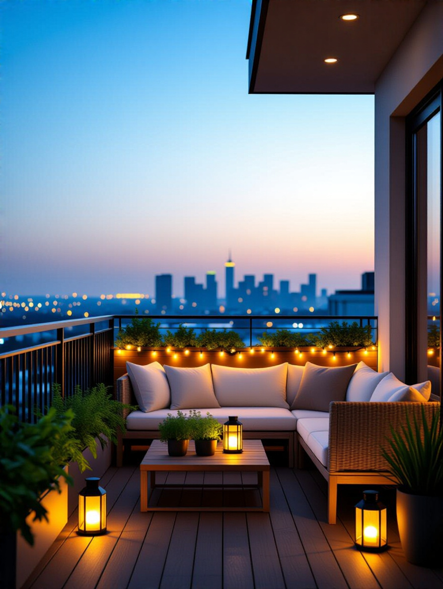 Dusk balcony with warm dimmable and solar lighting