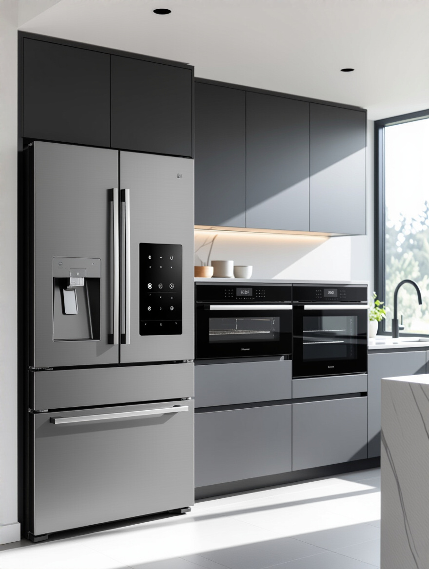 Modern kitchen with integrated high-performance smart refrigerator and oven, showcasing energy efficiency.