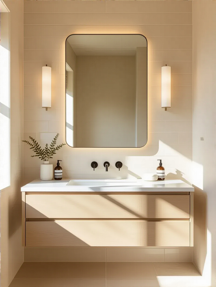 A serene beige bathroom featuring a large, frameless mirror reflecting bright natural light, making the space feel expansive and airy. A sleek vanity and beige subway tiles complete the look.