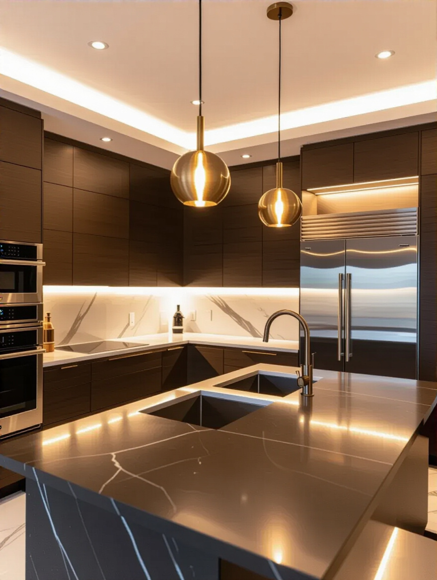 Modern luxury kitchen with layered sophisticated lighting, showcasing recessed LEDs, under-cabinet task lights, and elegant island pendants.