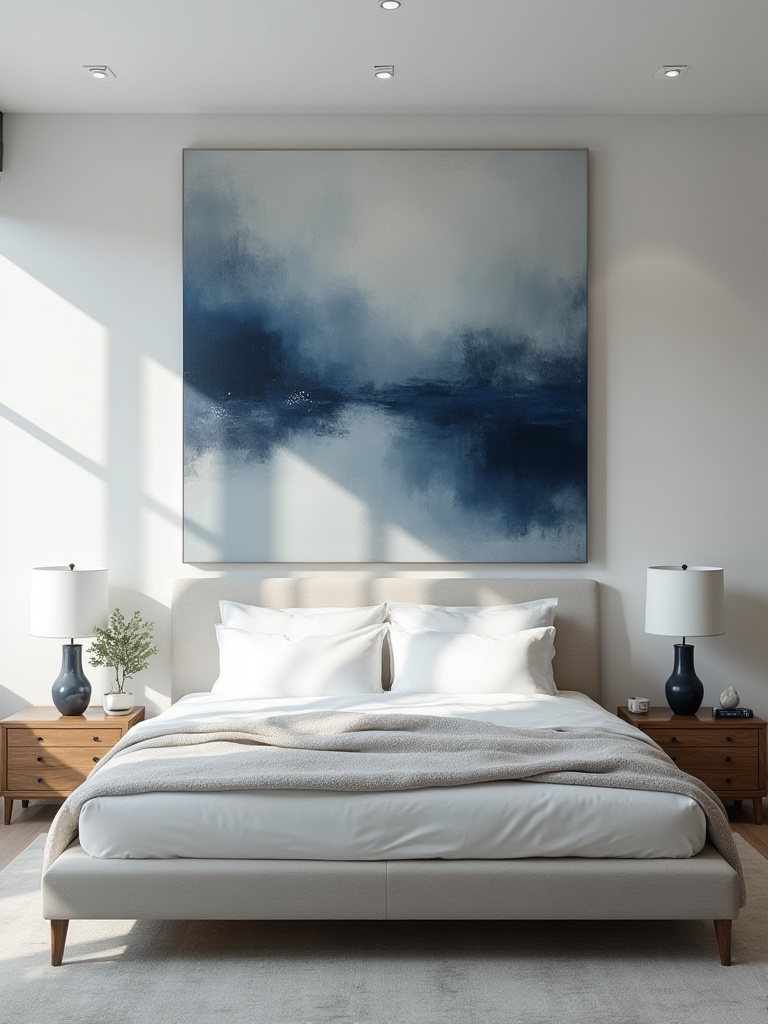 Large abstract artwork in deep blue and gray tones hung above an upholstered bed in a minimalist modern bedroom, serving as a powerful central focal point.