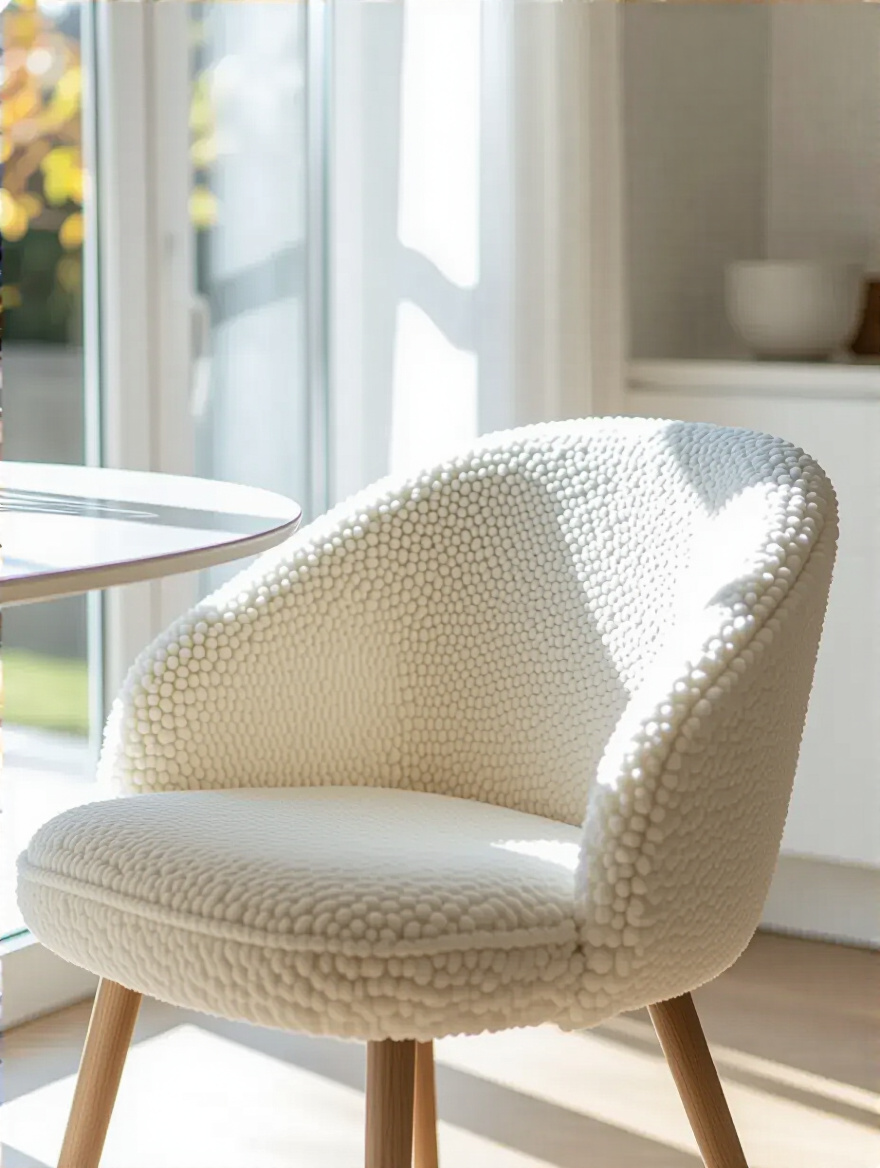 Elegant white boucle dining chair at a modern white dining table, well-lit and featuring soft textures.
