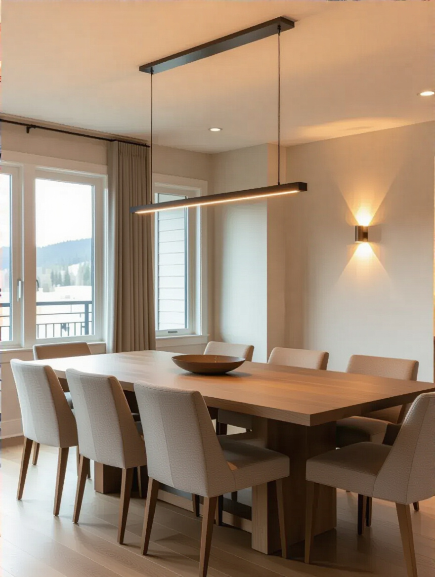 Dimmable lighting in a modern dining room with layered illumination