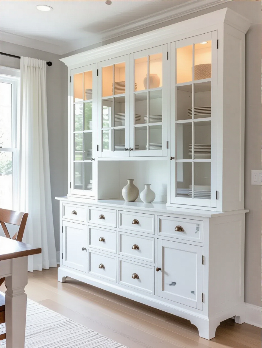 Vertical view of a white buffet and hutch in a bright dining room