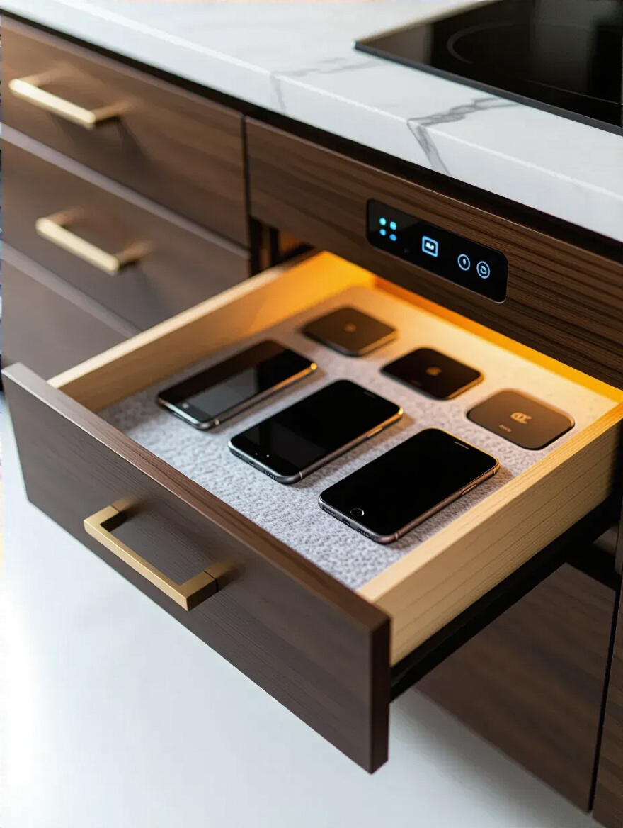 A sleek modern kitchen drawer partially open, revealing a hidden charging station with multiple device slots and integrated USB ports, demonstrating seamless device storage in a luxury kitchen.
