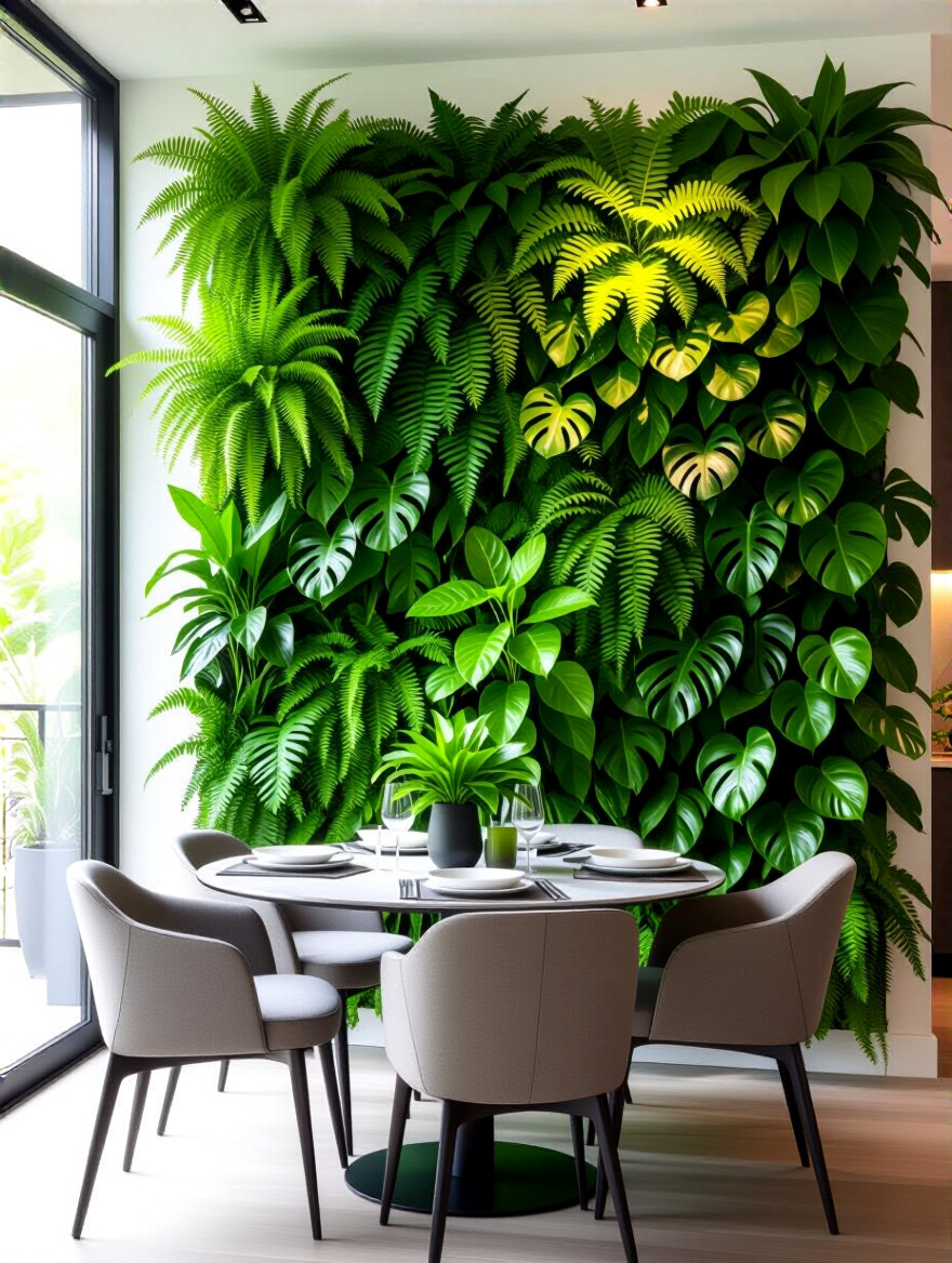Vibrant living plant wall with lush green foliage serving as a focal feature in a modern dining room, bathed in natural light.