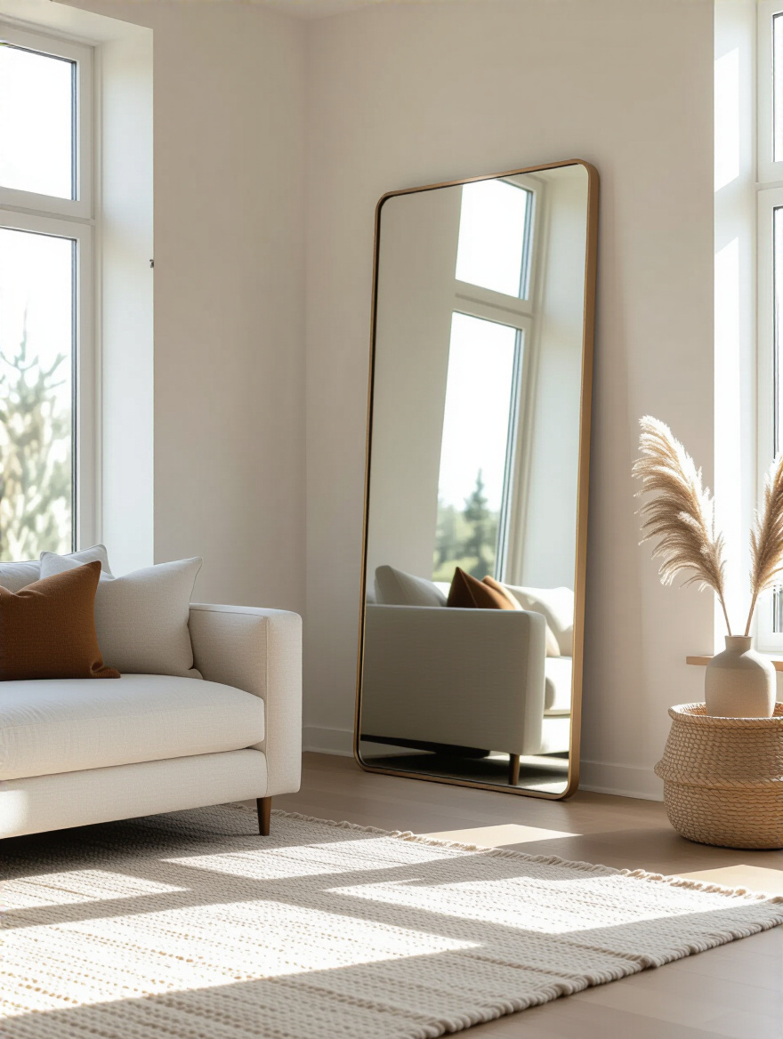 Tall mirror in a bright, airy living room reflecting a window