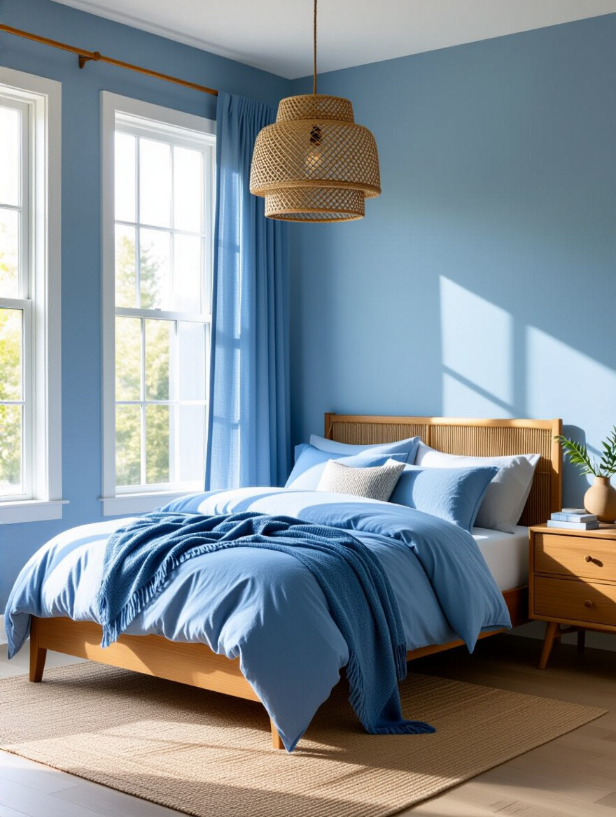 Blue bedroom with wood and rattan textures and blue accents in portrait view