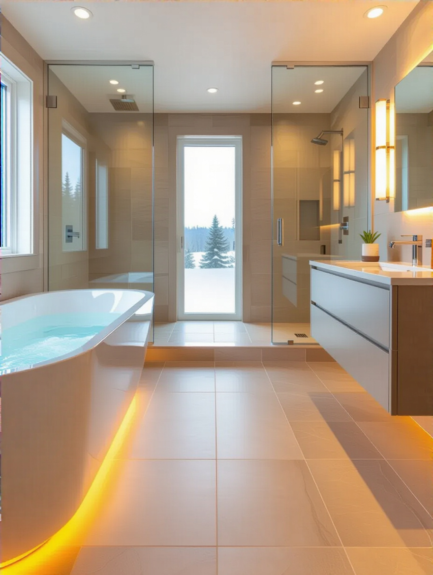 Portrait view of a modern bathroom showcasing radiant floor heating under warm tiles