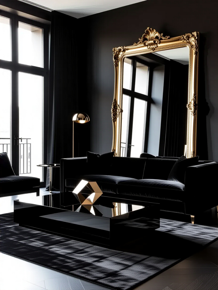 A sophisticated black living room featuring a large ornate gilded mirror reflecting natural light, a glossy black lacquer coffee table, and metallic bronze accents, all designed to expand light and create depth.
