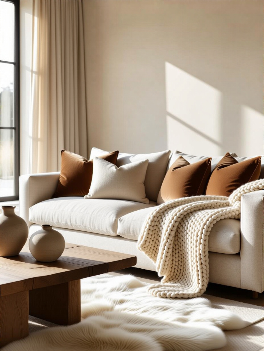 Sophisticated beige living room featuring a mix of rich textures, including a chunky knit throw on a linen sofa and velvet cushions, creating visual depth and preventing a flat appearance.