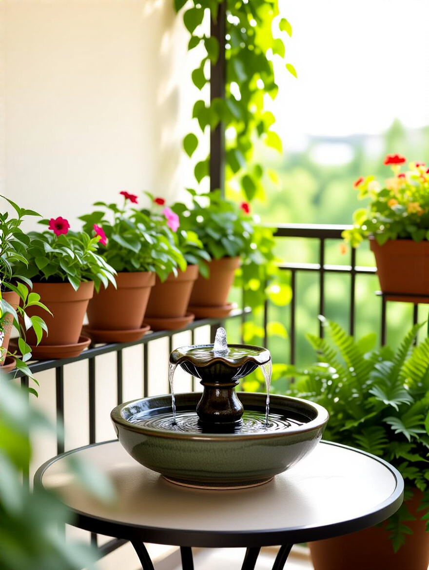 Portrait of a balcony with tabletop water feature, lush plants, and railing planters