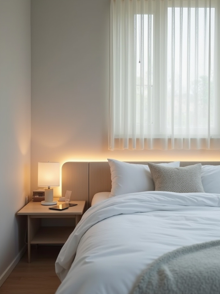 Modern bedroom interior with smart home technology, featuring smart lighting, discreet voice assistant, and automated blinds for seamless convenience.