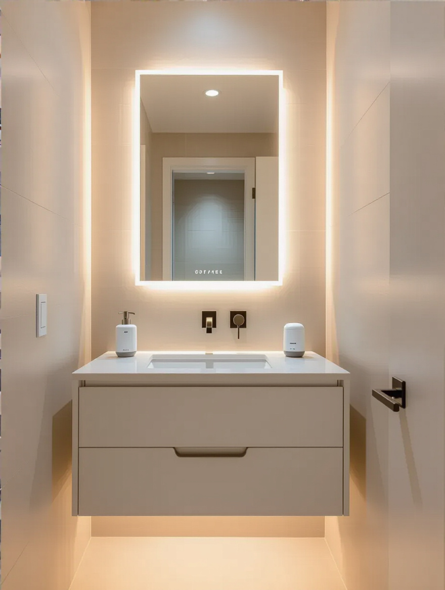 Portrait view of a powder room with integrated smart home technology for convenience