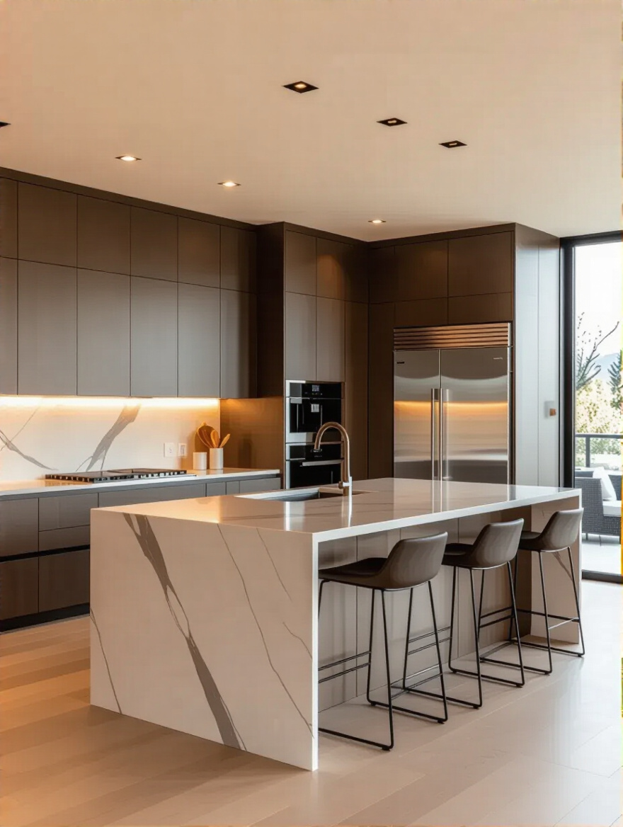 Portrait of a luxurious, contemporary kitchen featuring seamless 'Smart Kitchen Technology' integration, smart lighting, and sleek design elements for advanced automated control.